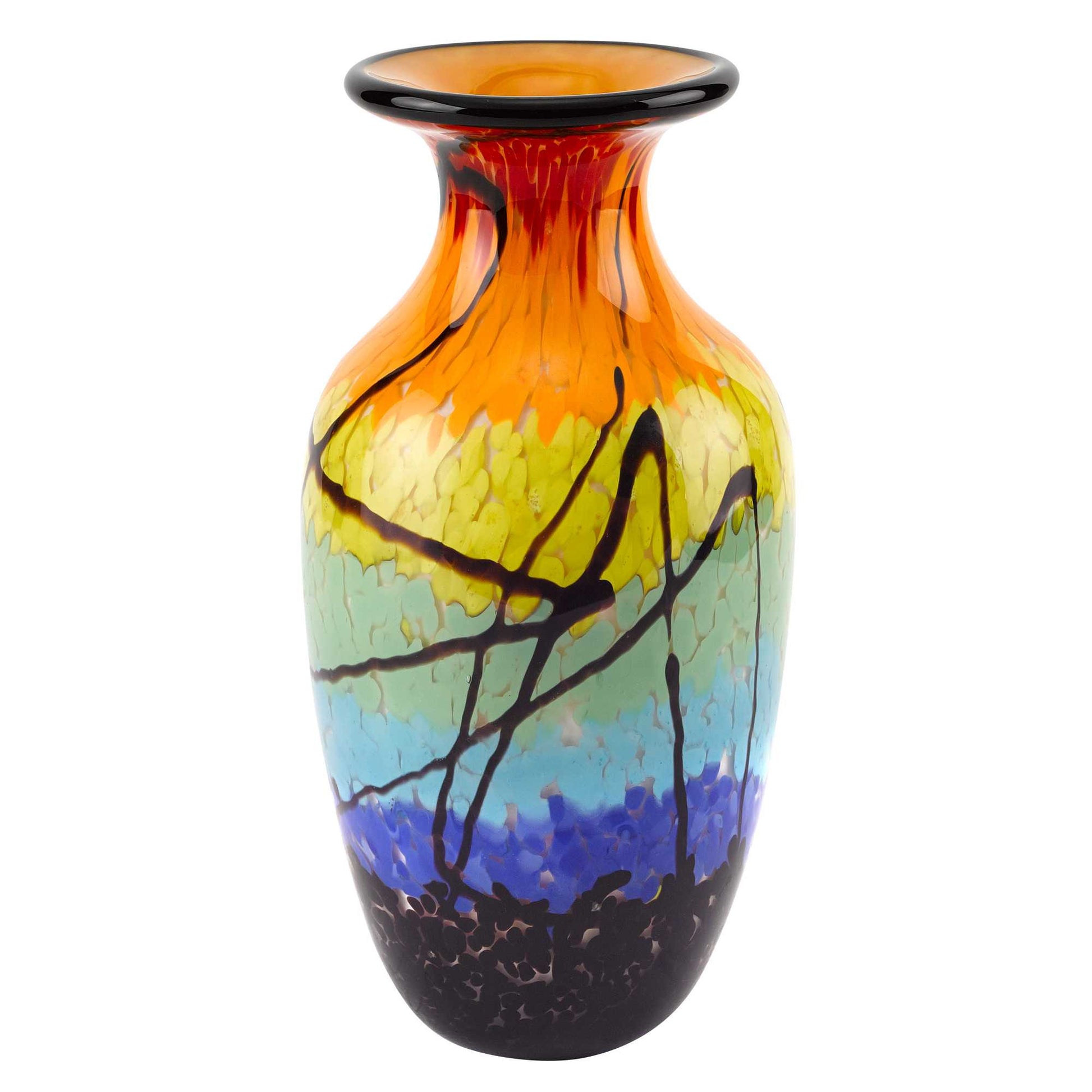 11" Black Blue Red And Yellow Abstract Urn Handblown Glass Table Vase-Vases-DECOROLALA