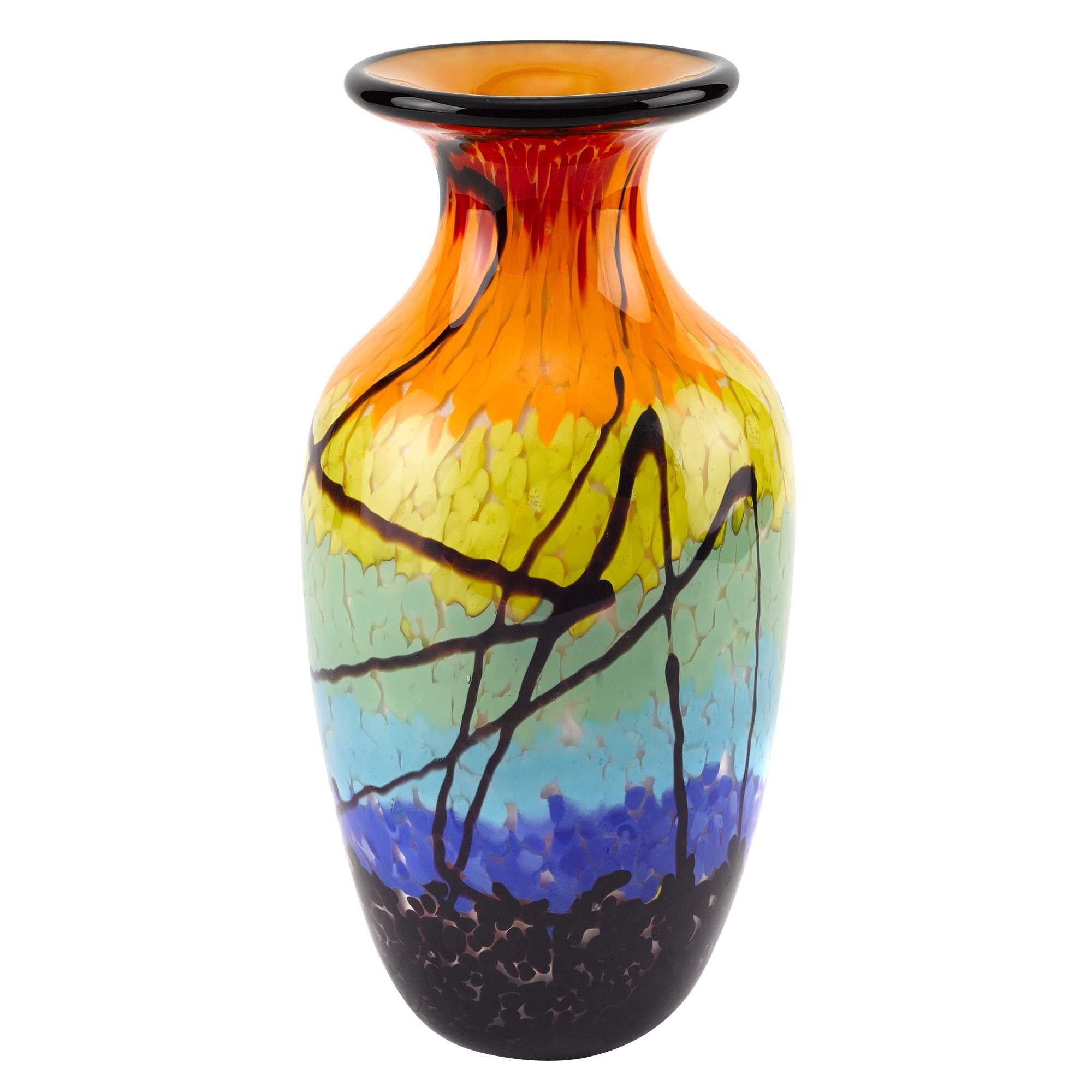 11" Black Blue Red And Yellow Abstract Urn Handblown Glass Table Vase-Vases-DECOROLALA