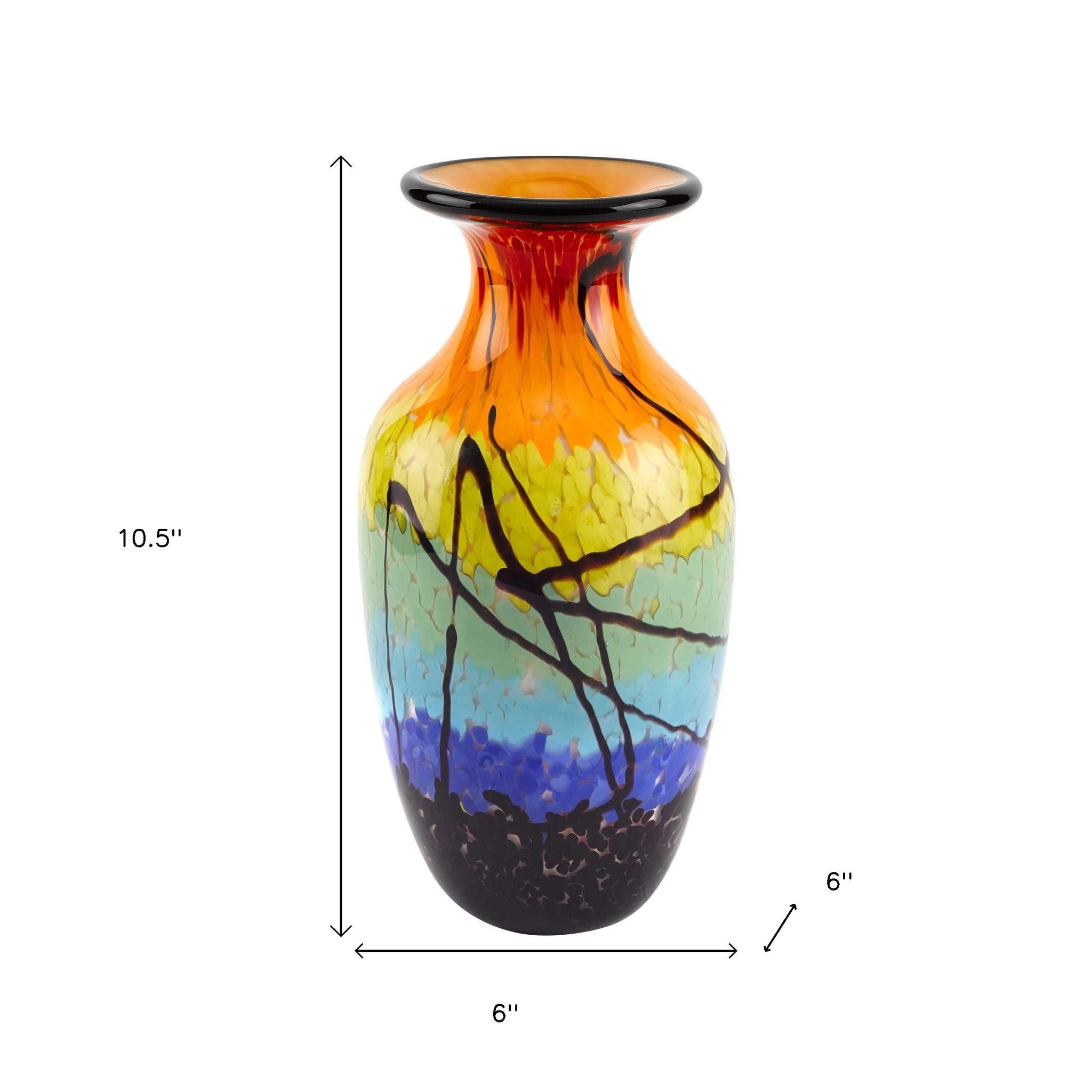 11" Black Blue Red And Yellow Abstract Urn Handblown Glass Table Vase-Vases-DECOROLALA