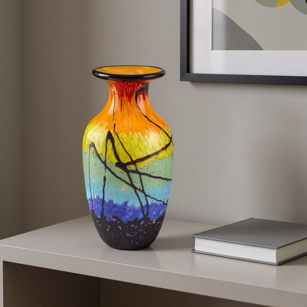 11" Black Blue Red And Yellow Abstract Urn Handblown Glass Table Vase-Vases-DECOROLALA