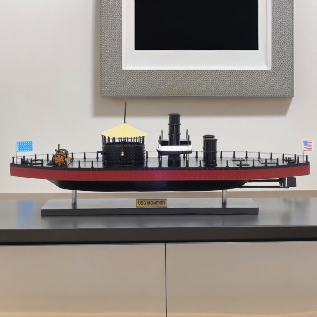 11" Black and Red Solid Wood Hand Painted 1862 USS Monitor Model Boat-Sculptures-DECOROLALA