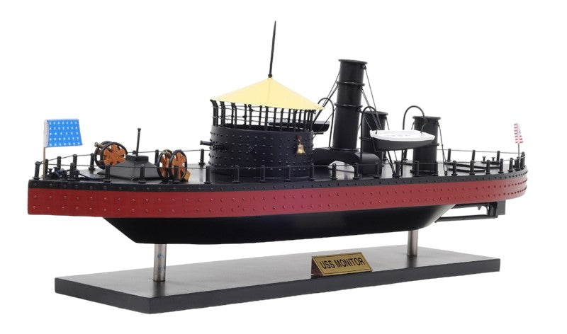 11" Black and Red Solid Wood Hand Painted 1862 USS Monitor Model Boat-Sculptures-DECOROLALA