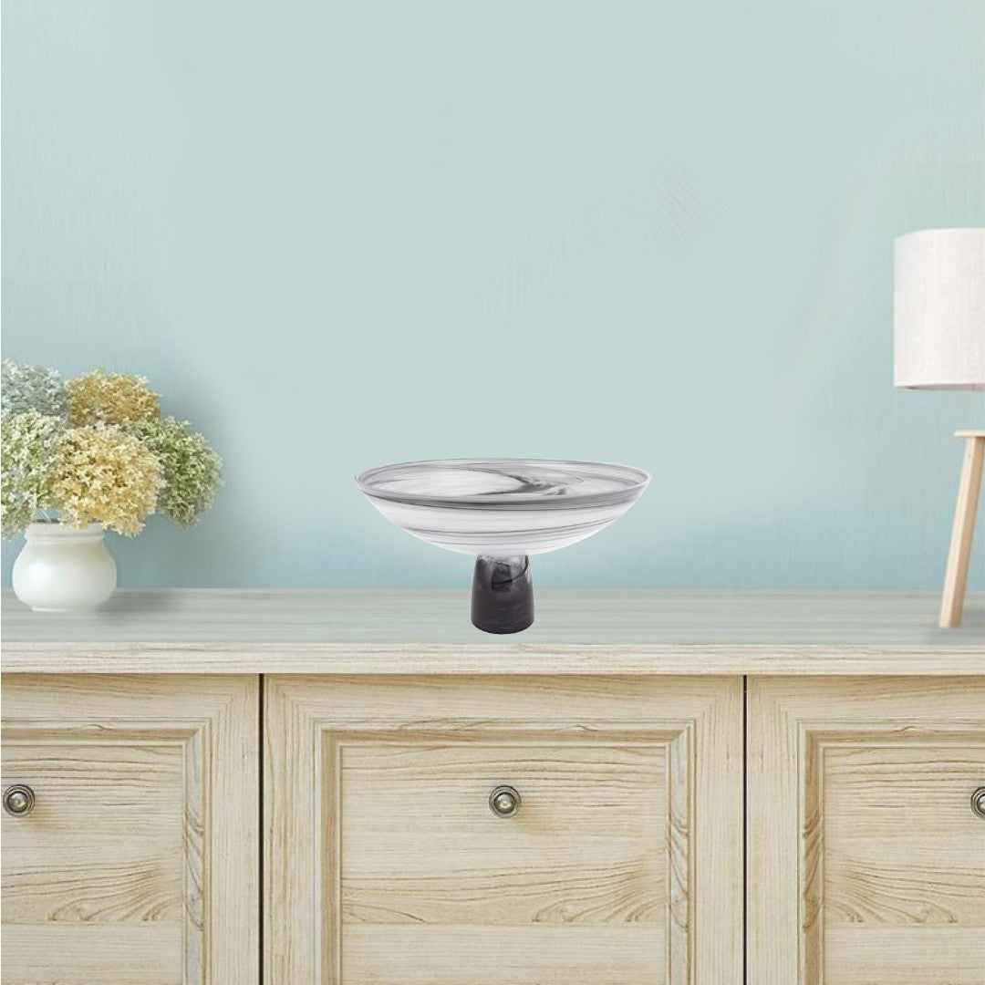 11" Black and White Alabaster Glass Round Pedestal Centerpiece Bowl-Serving Bowls-DECOROLALA