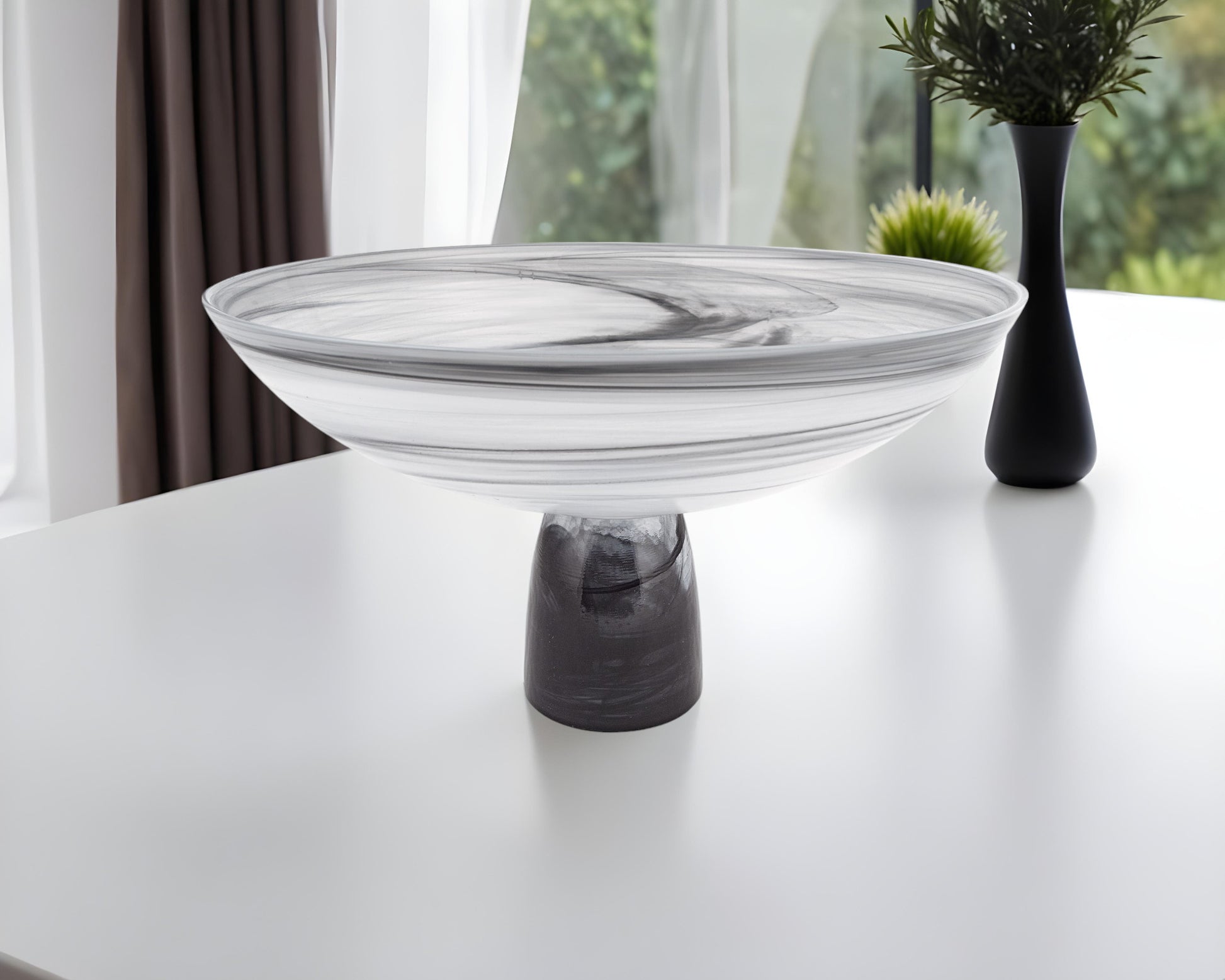 11" Black and White Alabaster Glass Round Pedestal Centerpiece Bowl-Serving Bowls-DECOROLALA