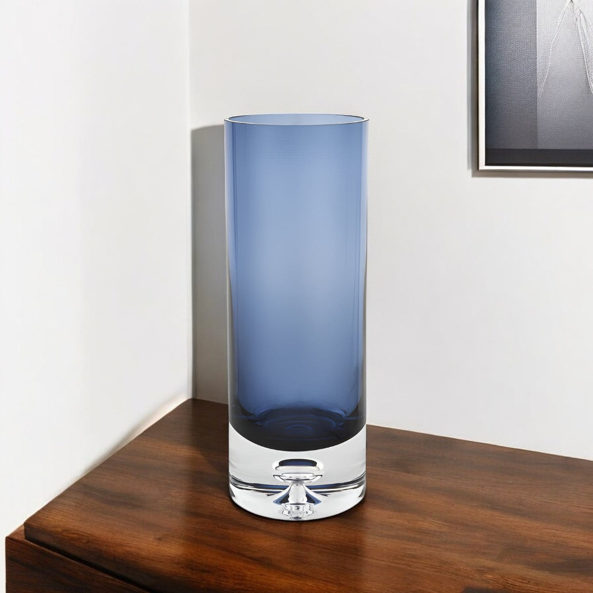 11" Blue And Clear Cylinder Crystal Glass Table Vase-Vases-DECOROLALA