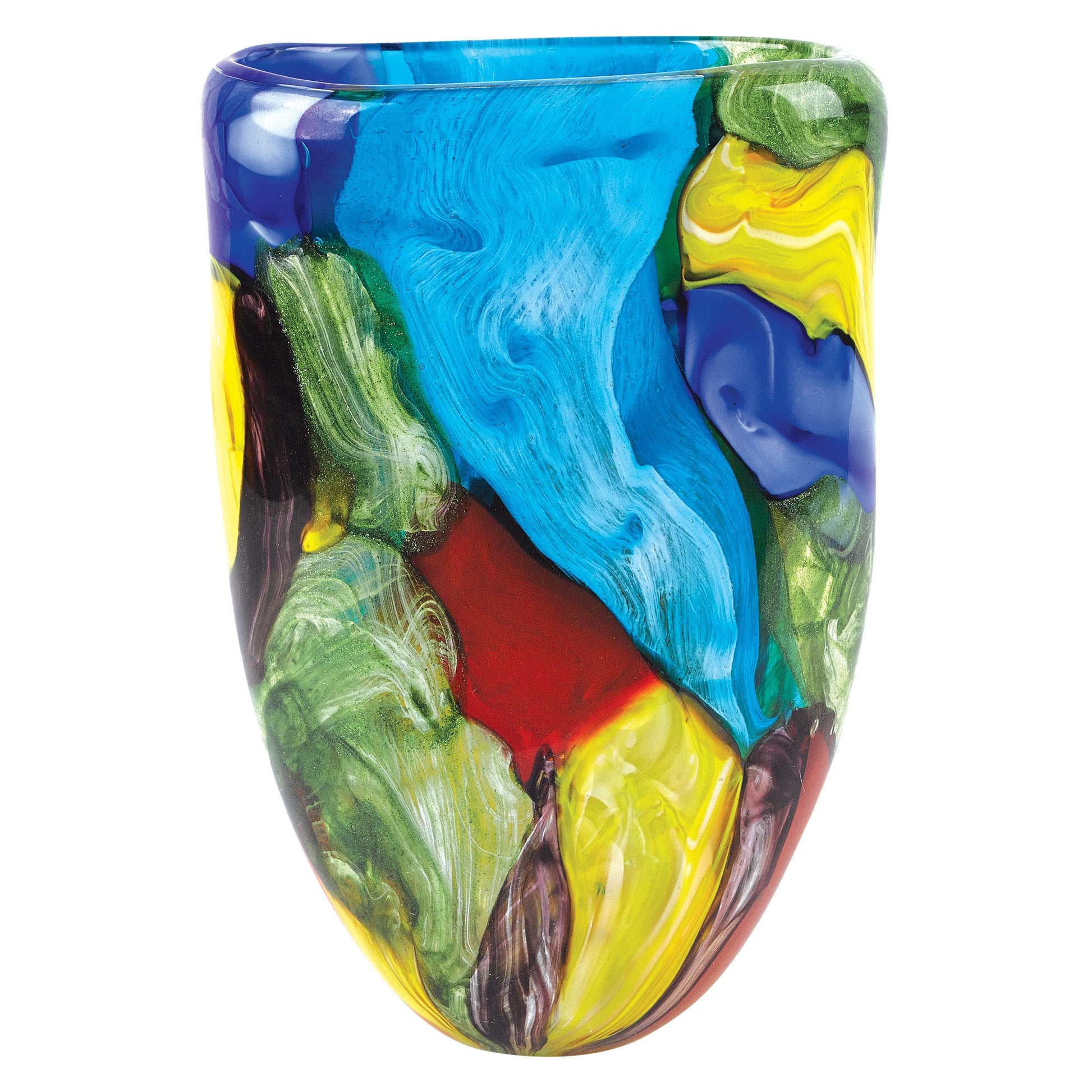11" Blue Green Red And Yellow Cylinder Murano Glass Table Vase-Vases-DECOROLALA