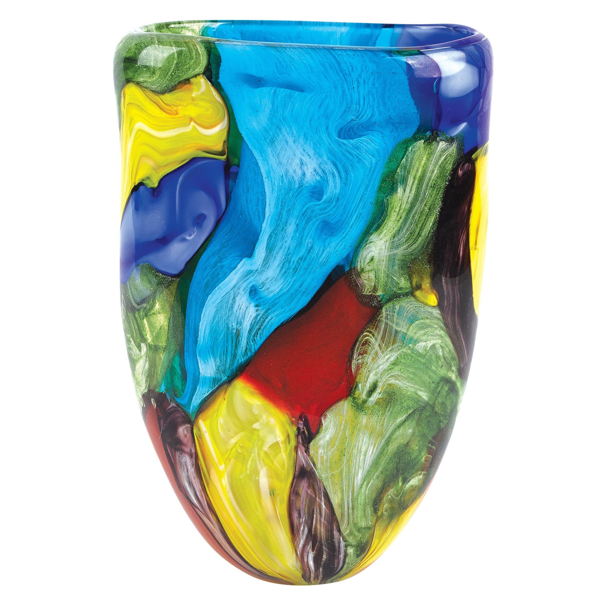 11" Blue Green Red And Yellow Cylinder Murano Glass Table Vase-Vases-DECOROLALA