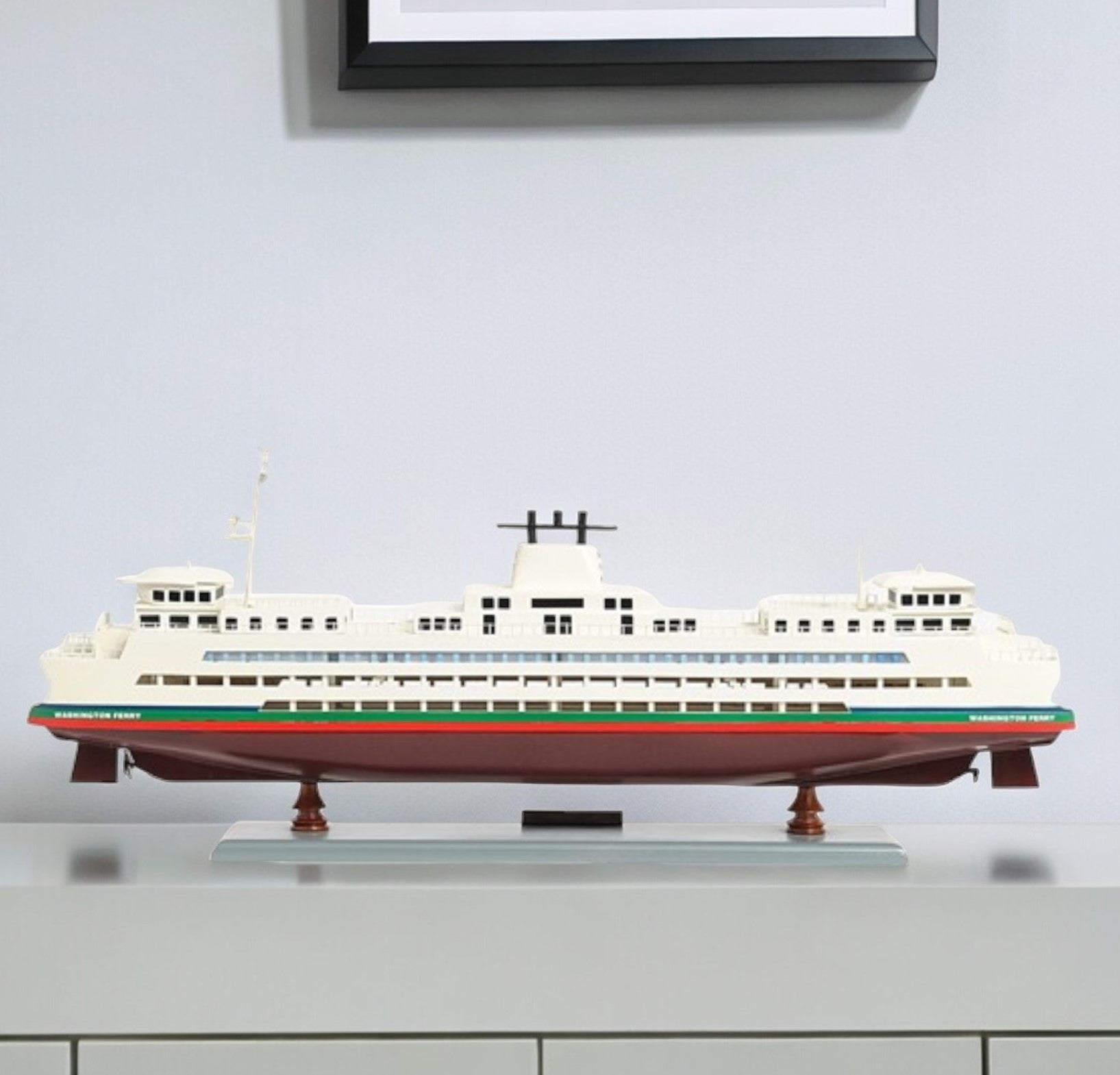 11" Brown and White Washington Ferry Boat Hand Painted Decorative Boat-Sculptures-DECOROLALA