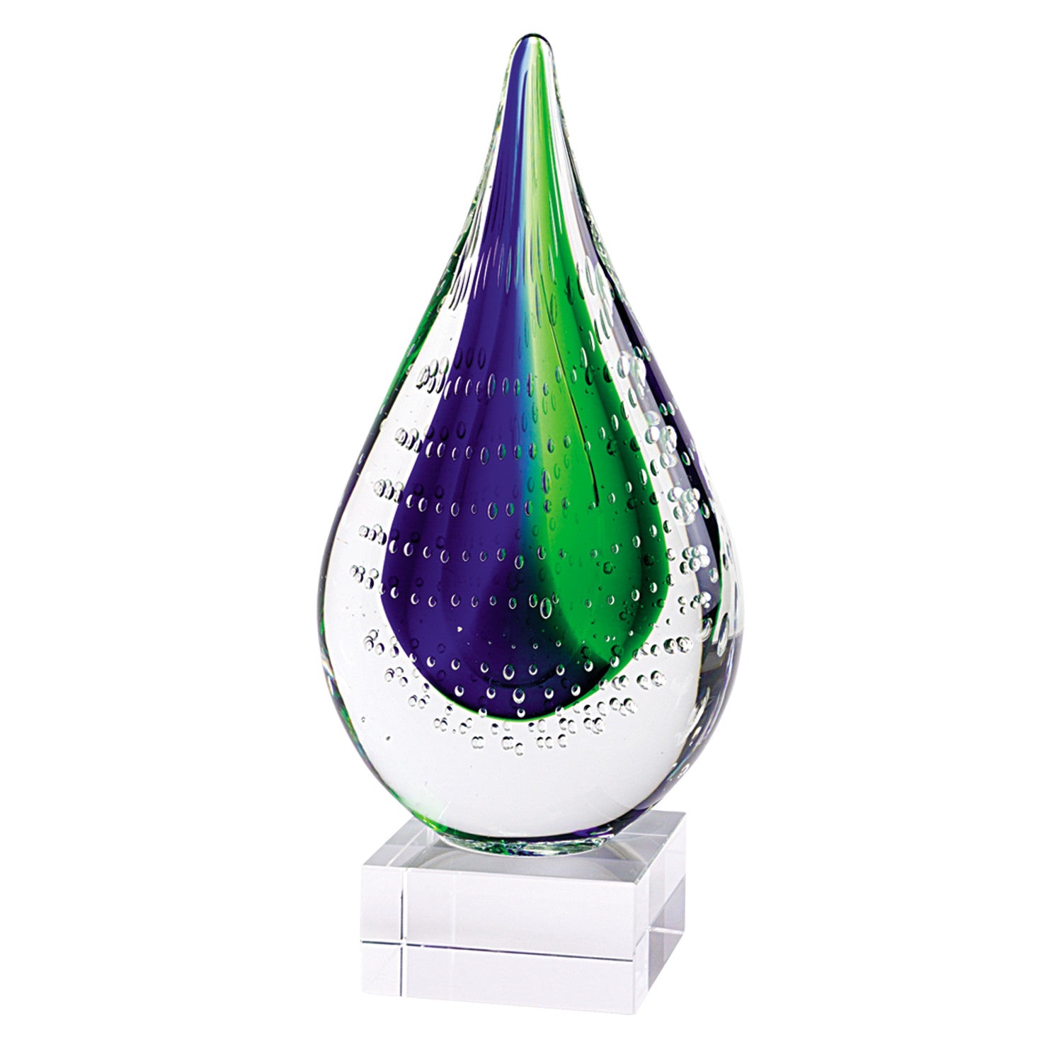 11" Clear Blue and Green Murano Glass Modern Abstract Tabletop Sculpture-Sculptures-DECOROLALA