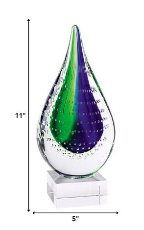 11" Clear Blue and Green Murano Glass Modern Abstract Tabletop Sculpture-Sculptures-DECOROLALA