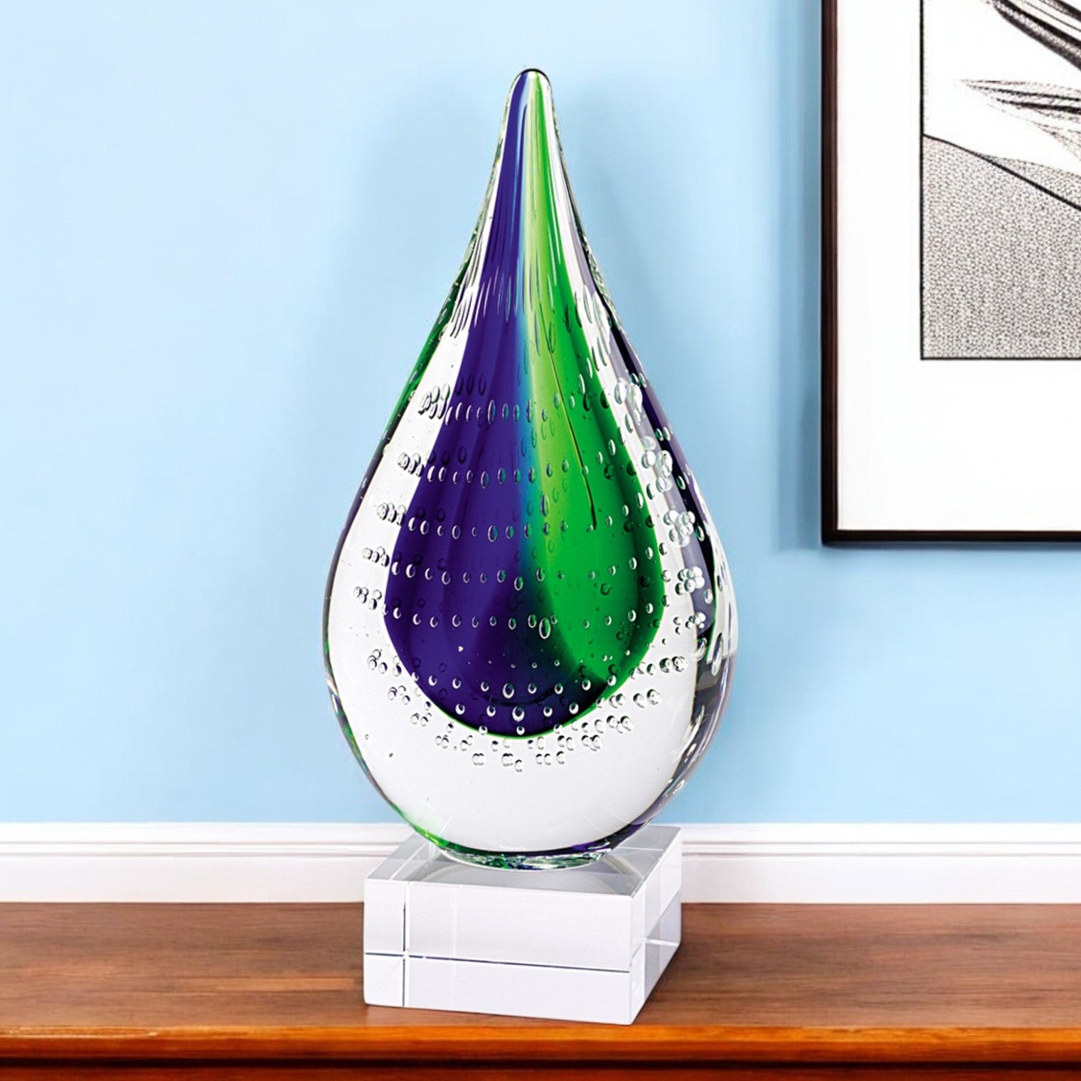 11" Clear Blue and Green Murano Glass Modern Abstract Tabletop Sculpture-Sculptures-DECOROLALA