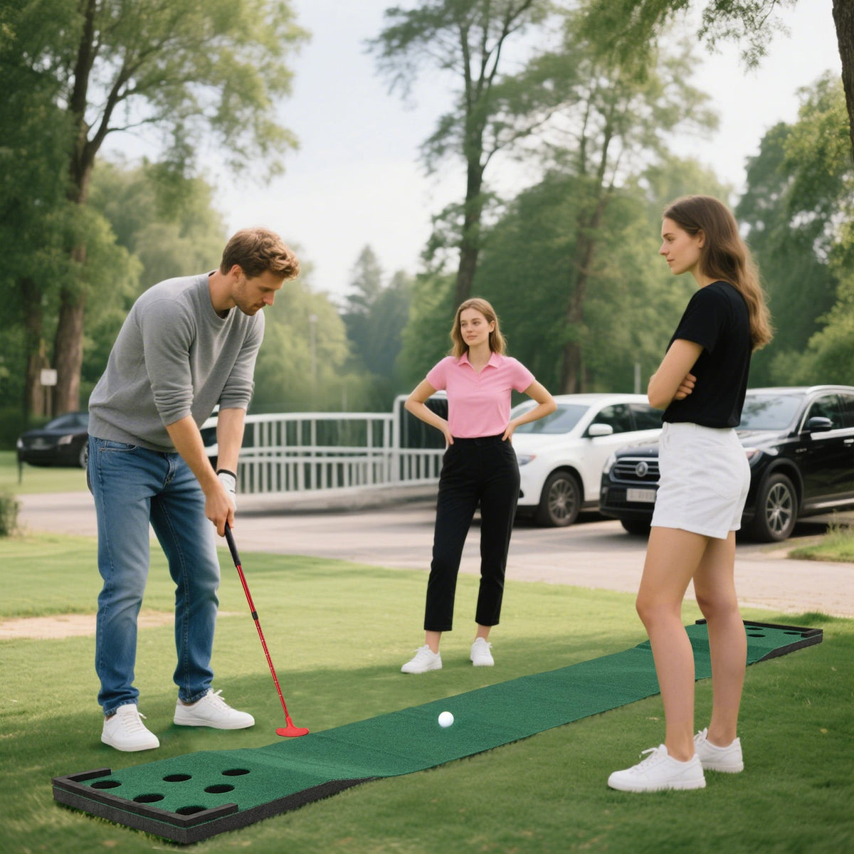 11 FT Indoor Outdoor Putting Green Mat with 2 Adjustable Putters and 6 Balls-Golf-DECOROLALA