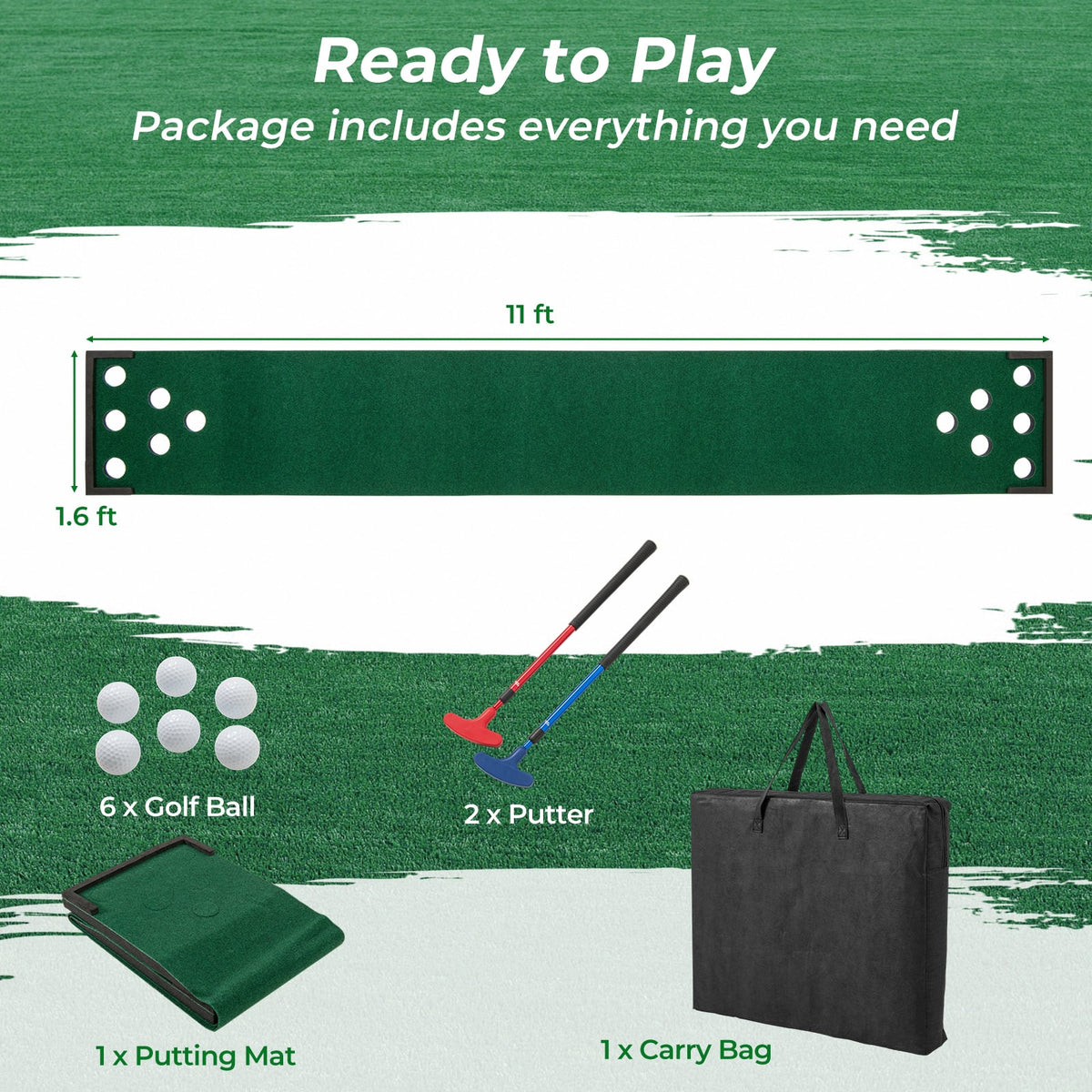11 FT Indoor Outdoor Putting Green Mat with 2 Adjustable Putters and 6 Balls-Golf-DECOROLALA