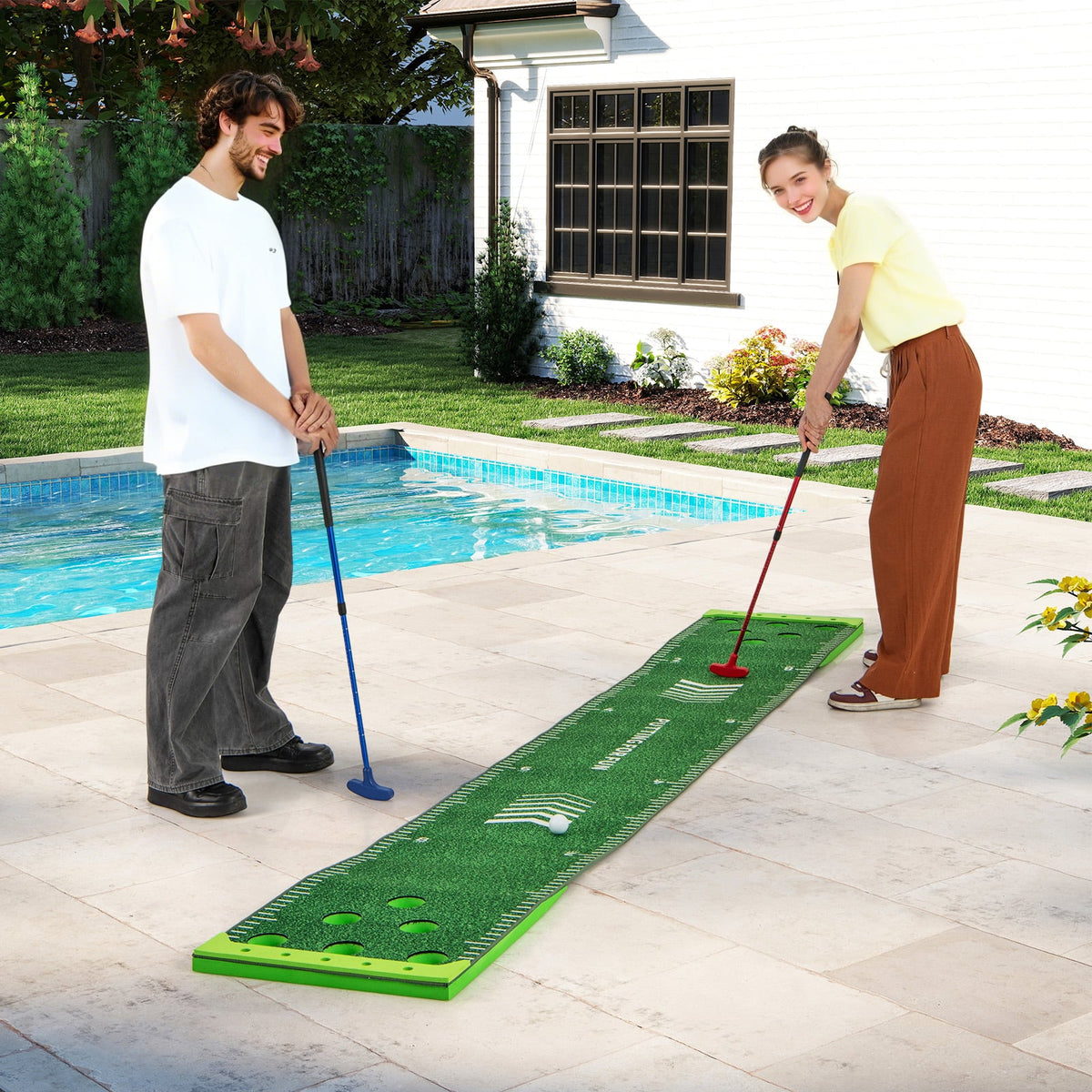 11 FT Putting Green Mat with 2 Adjustable Putters and 6 Balls-Golf-DECOROLALA
