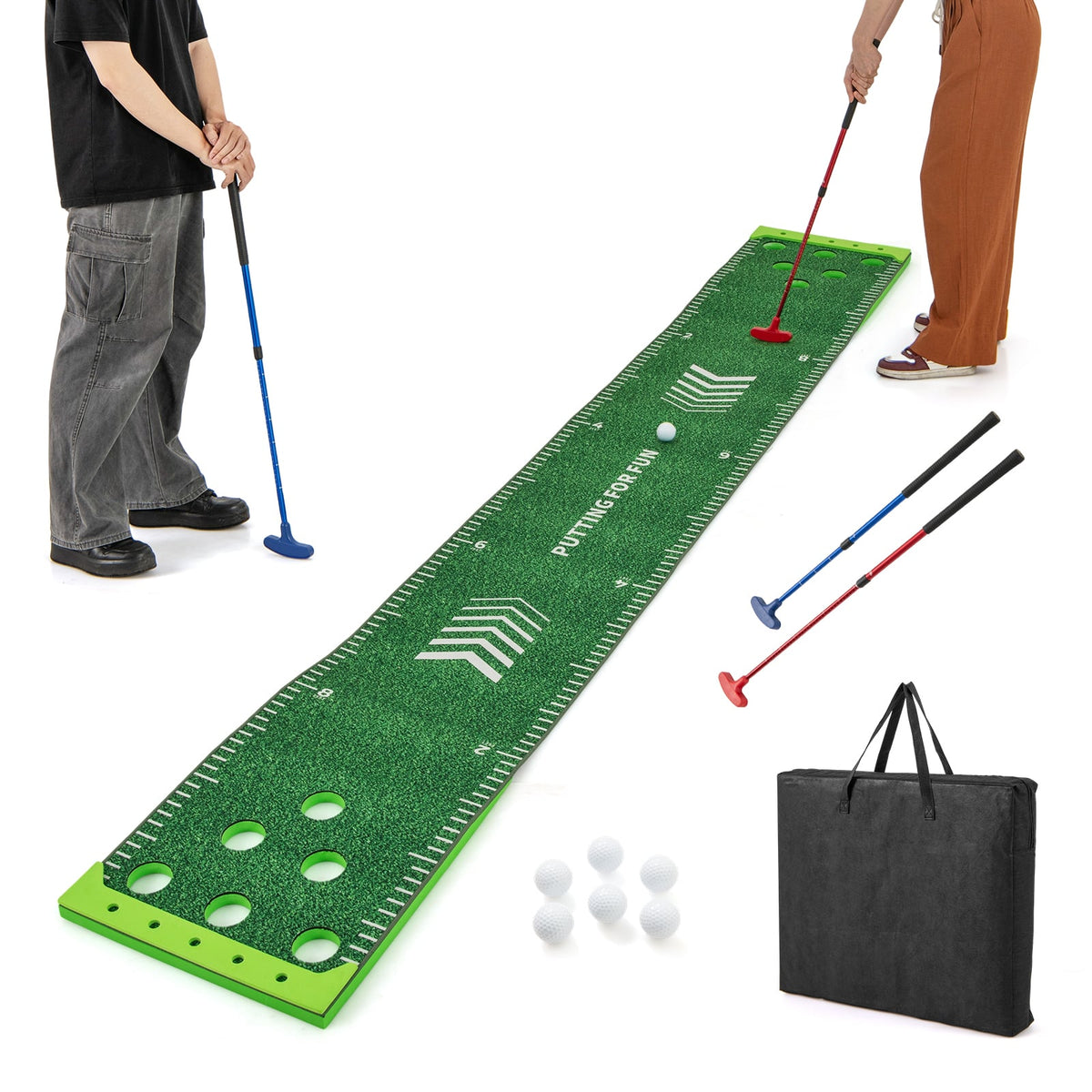 11 FT Putting Green Mat with 2 Adjustable Putters and 6 Balls-Golf-DECOROLALA