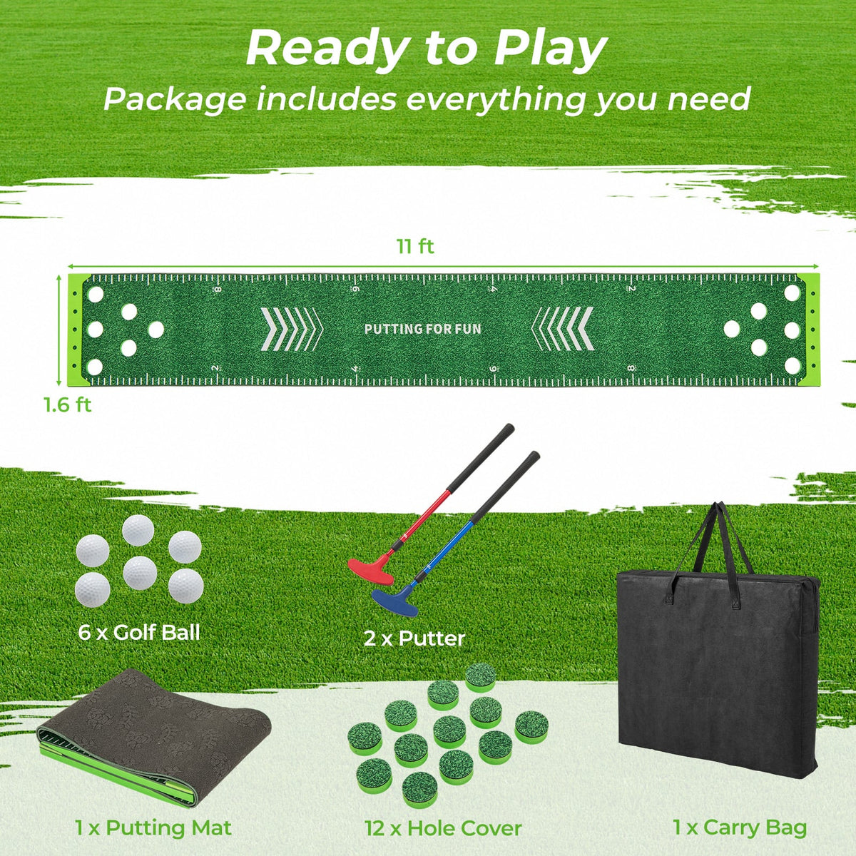 11 FT Putting Green Mat with 2 Adjustable Putters and 6 Balls-Golf-DECOROLALA