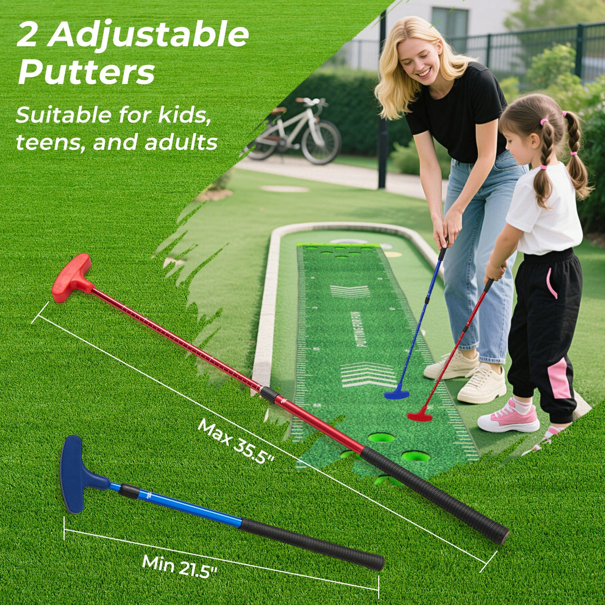 11 FT Putting Green Mat with 2 Adjustable Putters and 6 Balls-Golf-DECOROLALA