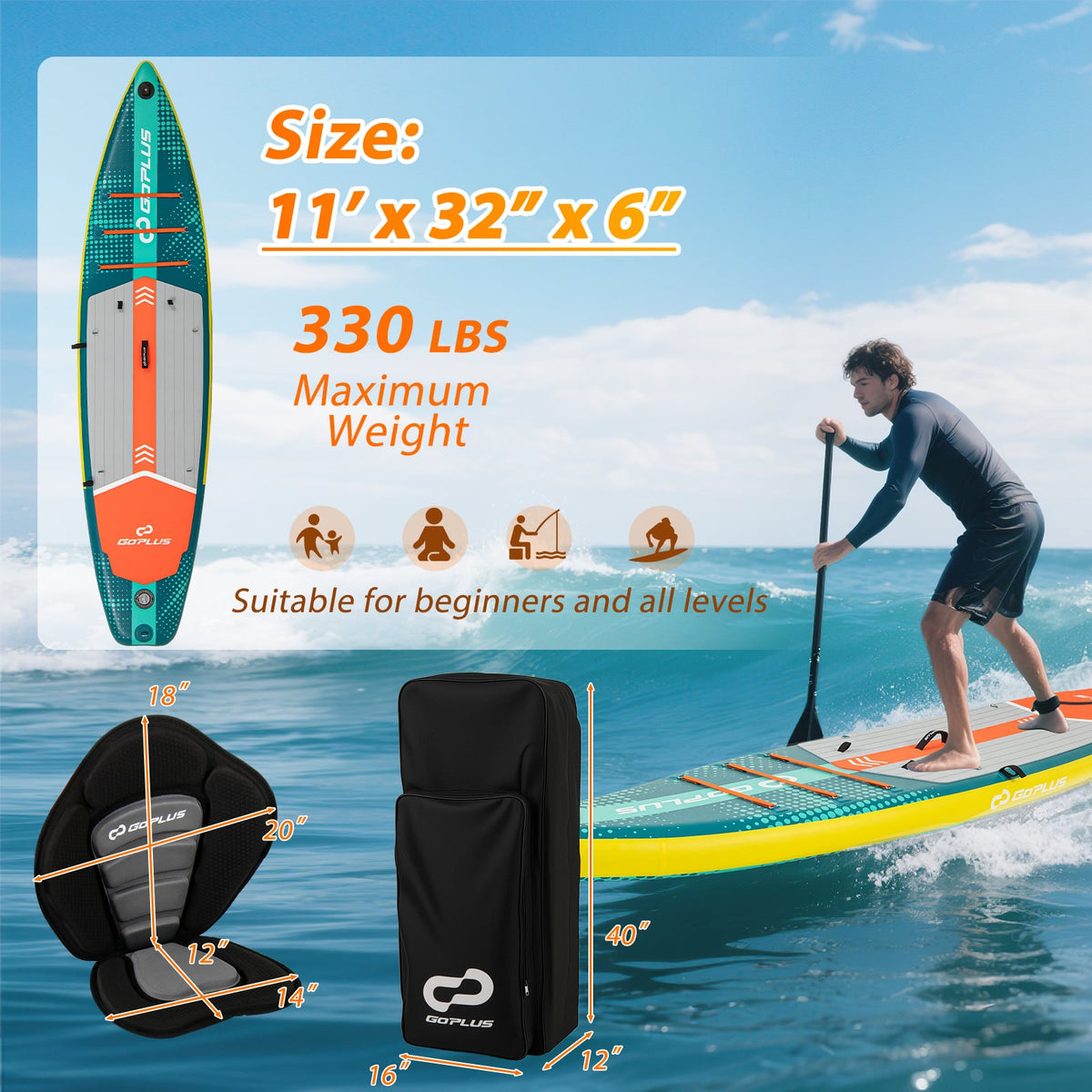 11 Feet Inflatable Stand Up Paddle Board with Kayak Seat for Adults-L-Surfing-DECOROLALA