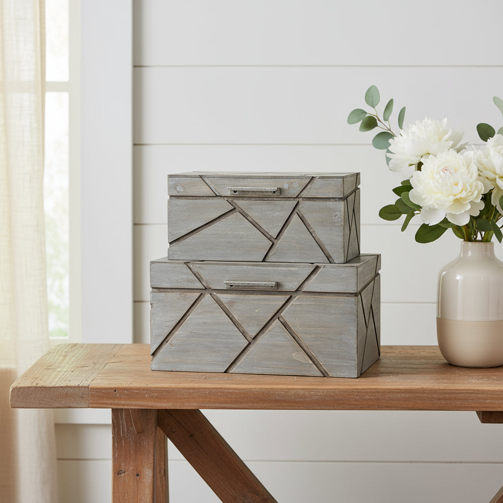 11" Gray Solid Wood Box With Lid-Organizers-DECOROLALA