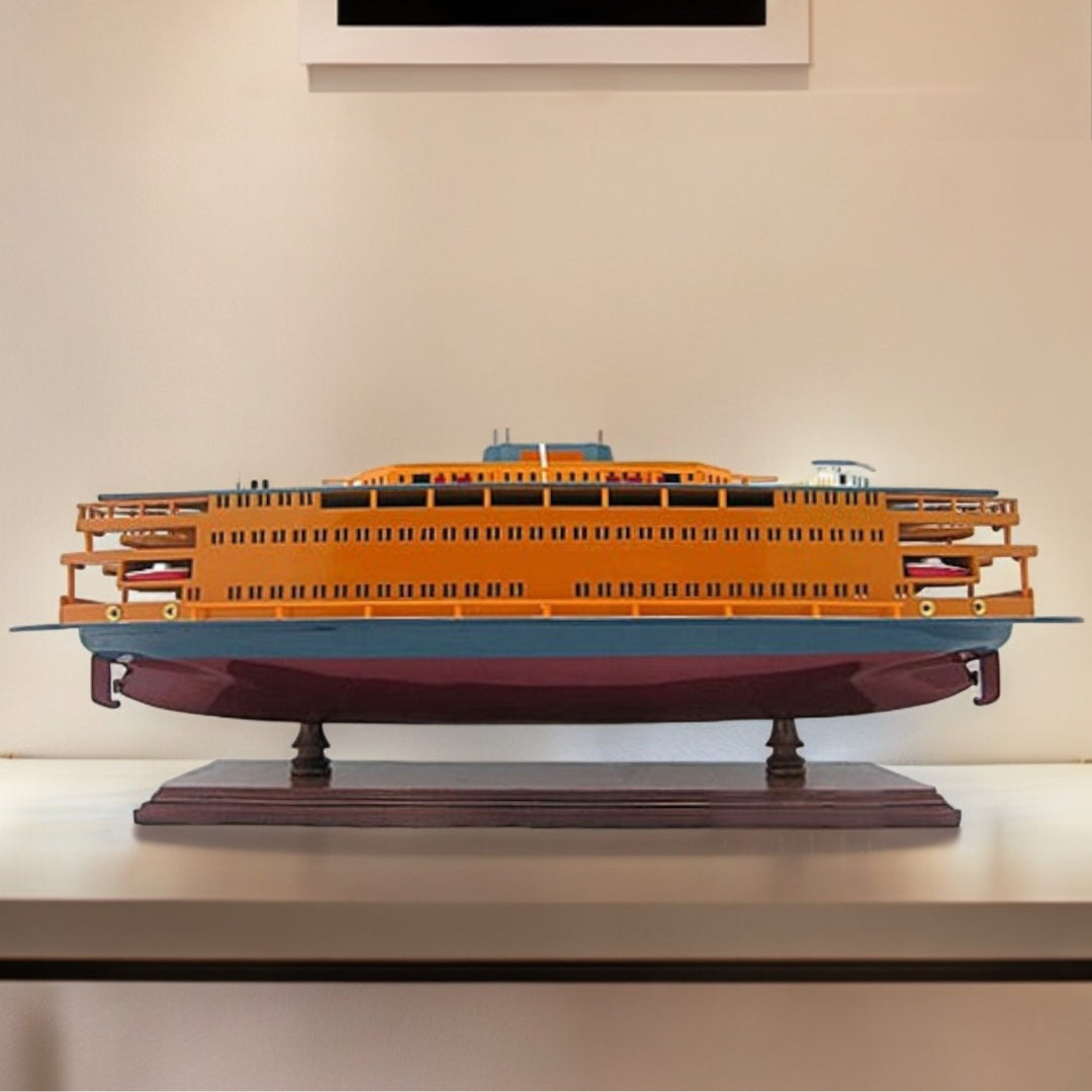 11" Maroon Staten Island Ferry Boat Hand Painted Decorative Boat-Sculptures-DECOROLALA
