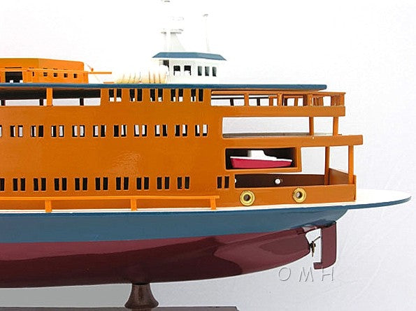 11" Maroon Staten Island Ferry Boat Hand Painted Decorative Boat-Sculptures-DECOROLALA