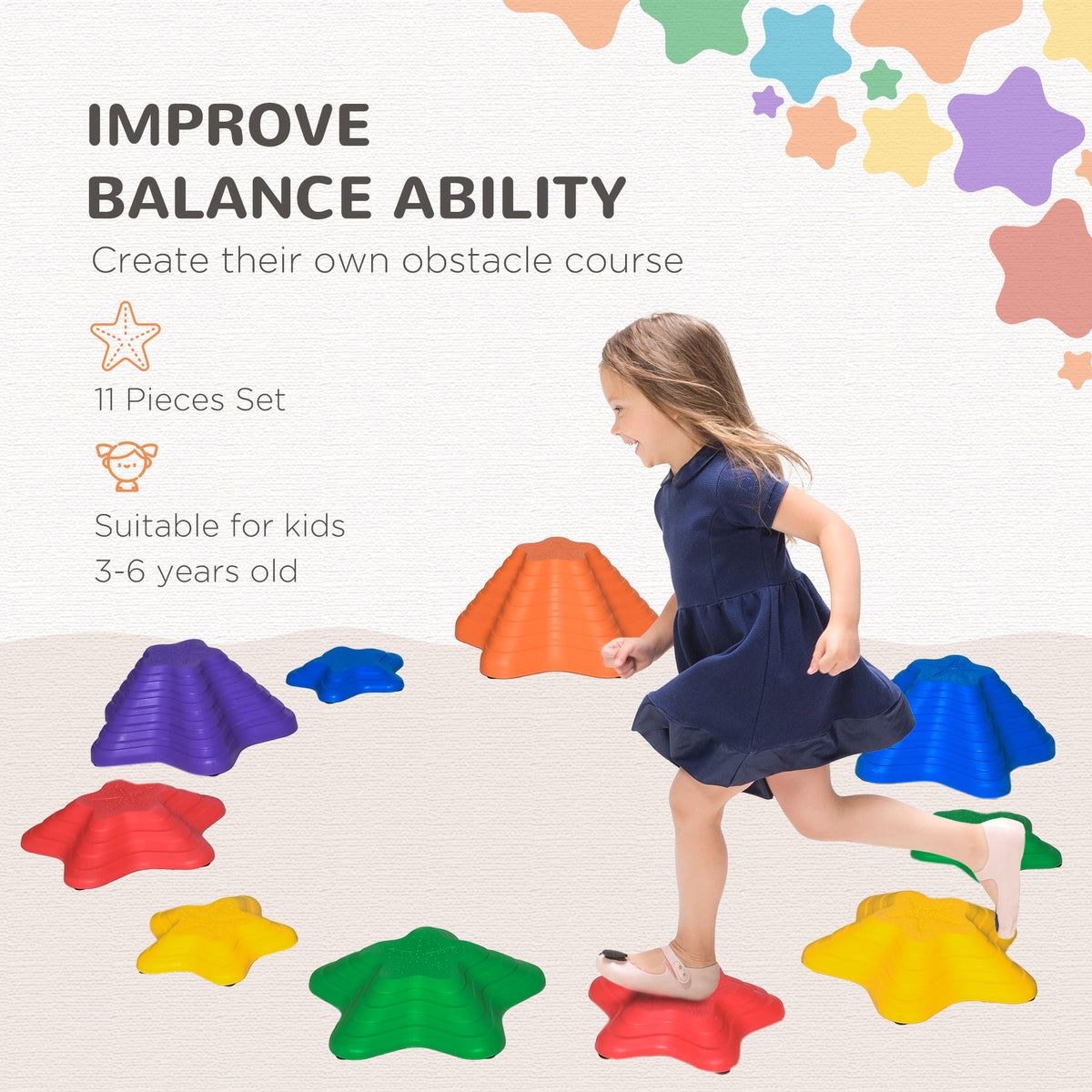 11PCs Larger Size Balance Stepping Stones for Kids with Non-slip Bottom, Stackable Obstacle Course Outdoor Indoor, Play River Rocks with Starfish Style-Toys & Games > Baby & Toddler Toys > Kids Gym & Playmats-DECOROLALA