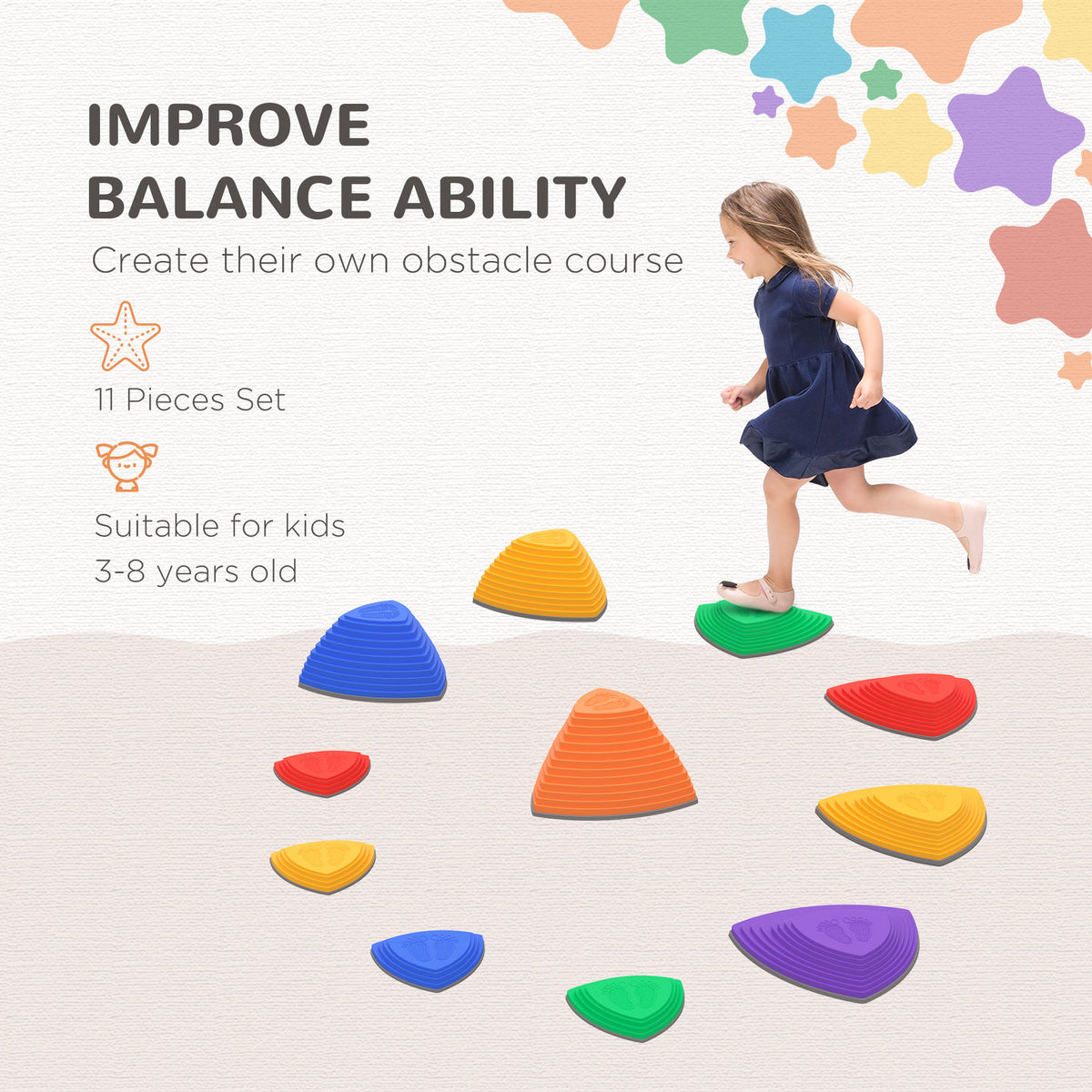 11 PCs Stepping Stones Kids with Non-slip Rubber, Stackable Balance Step Stones for Obstacle Course Sensory Play, Outdoor Indoor for 3-8 Years Old-Toys & Games > Baby & Toddler Toys > Kids Gym & Playmats-DECOROLALA