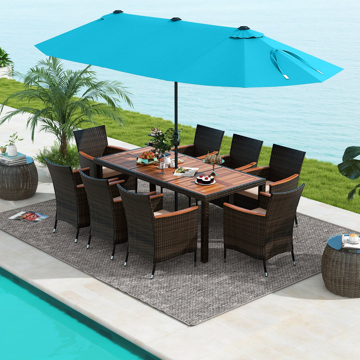 11 Pieces Patio Dining Set 15ft Double-Sided Patio Umbrella (Base Included) and Outdoor Rattan Furniture Set with 8 Stackable Chairs-Turquoise-Patio Dining Sets-DECOROLALA