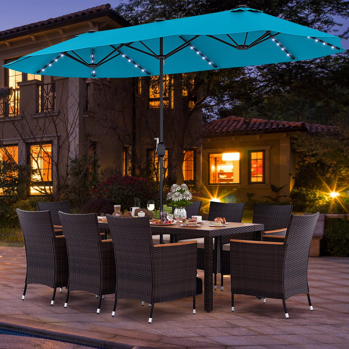 11 Pieces Patio Dining Set 15ft Double-Sided Patio Umbrella (Base Included) and Outdoor Rattan Furniture Set with 8 Stackable Chairs-Turquoise-Patio Dining Sets-DECOROLALA