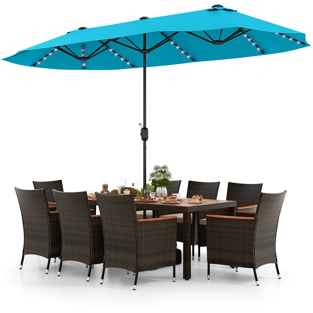 11 Pieces Patio Dining Set 15ft Double-Sided Patio Umbrella (Base Included) and Outdoor Rattan Furniture Set with 8 Stackable Chairs-Turquoise-Patio Dining Sets-DECOROLALA