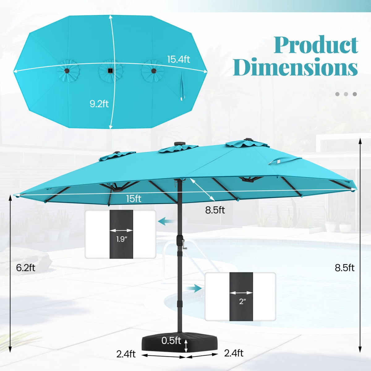 11 Pieces Patio Dining Set 15ft Double-Sided Patio Umbrella (Base Included) and Outdoor Rattan Furniture Set with 8 Stackable Chairs-Turquoise-Patio Dining Sets-DECOROLALA