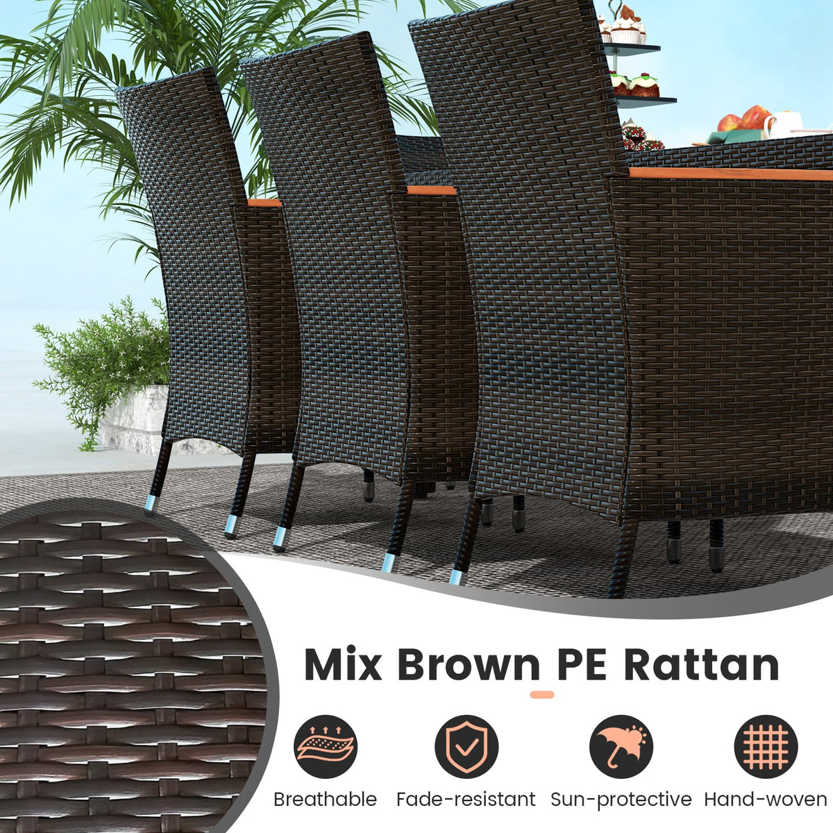 11 Pieces Patio Dining Set 15ft Double-Sided Patio Umbrella (Base Included) and Outdoor Rattan Furniture Set with 8 Stackable Chairs-Turquoise-Patio Dining Sets-DECOROLALA