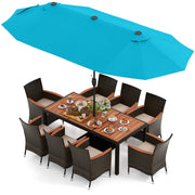 11 Pieces Patio Dining Set 15ft Double-Sided Patio Umbrella (Base Included) and Outdoor Rattan Furniture Set with 8 Stackable Chairs-Turquoise-Patio Dining Sets-DECOROLALA