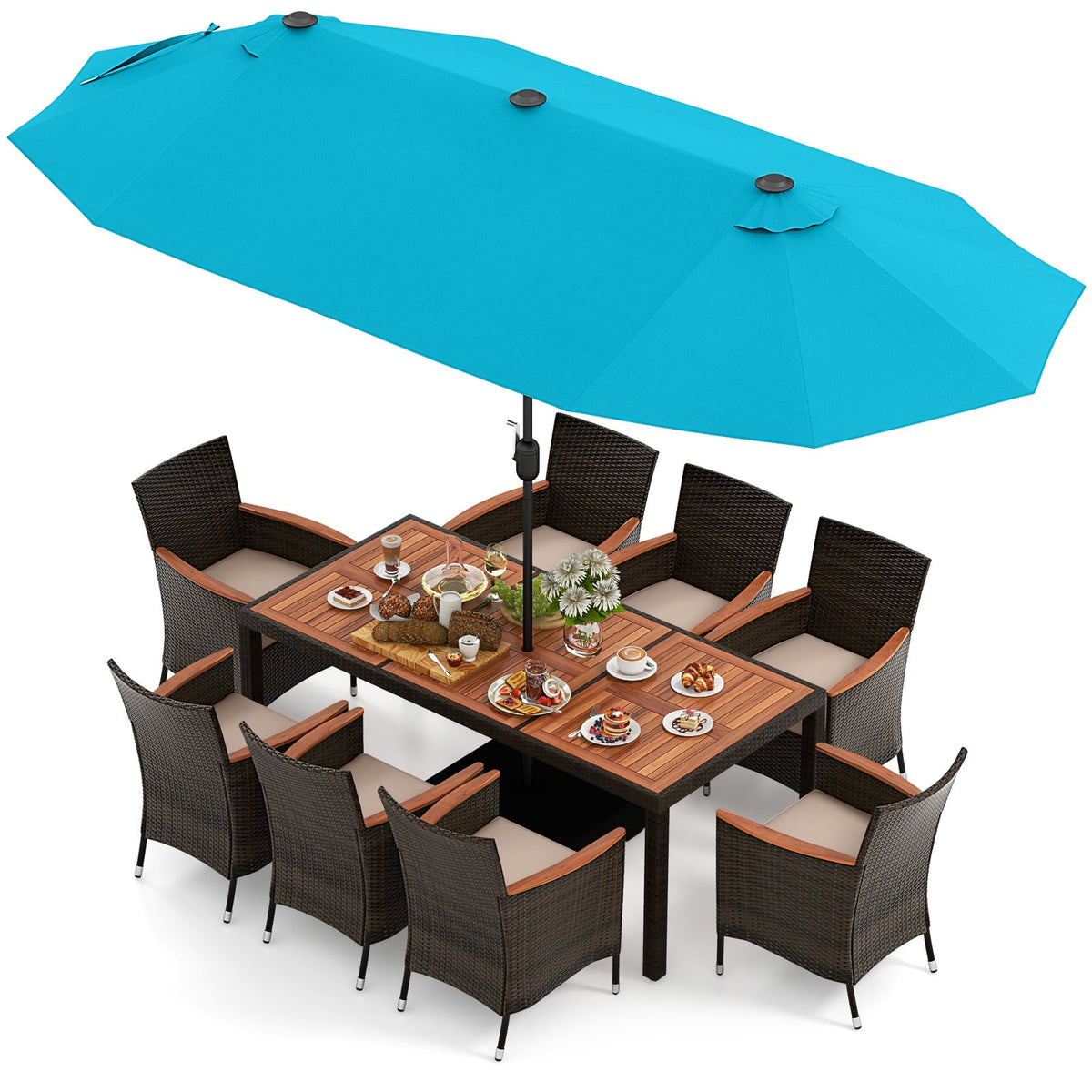 11 Pieces Patio Dining Set 15ft Double-Sided Patio Umbrella (Base Included) and Outdoor Rattan Furniture Set with 8 Stackable Chairs-Turquoise-Patio Dining Sets-DECOROLALA