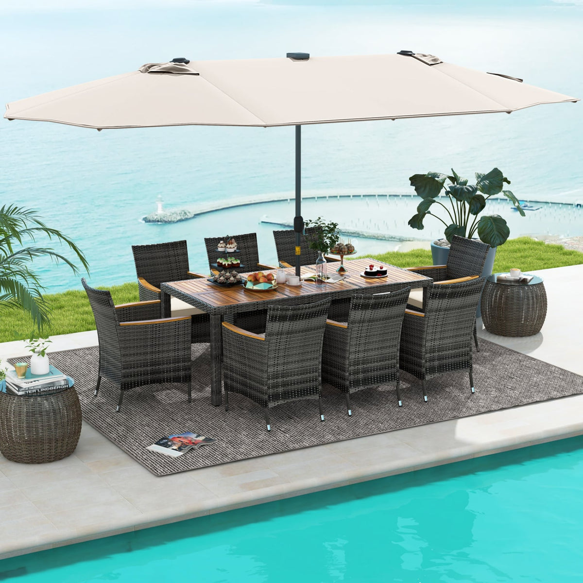 11 Pieces Patio Dining Set with 15 Feet Double-Sided Patio Umbrella Base Included-Beige-Patio Dining Sets-DECOROLALA
