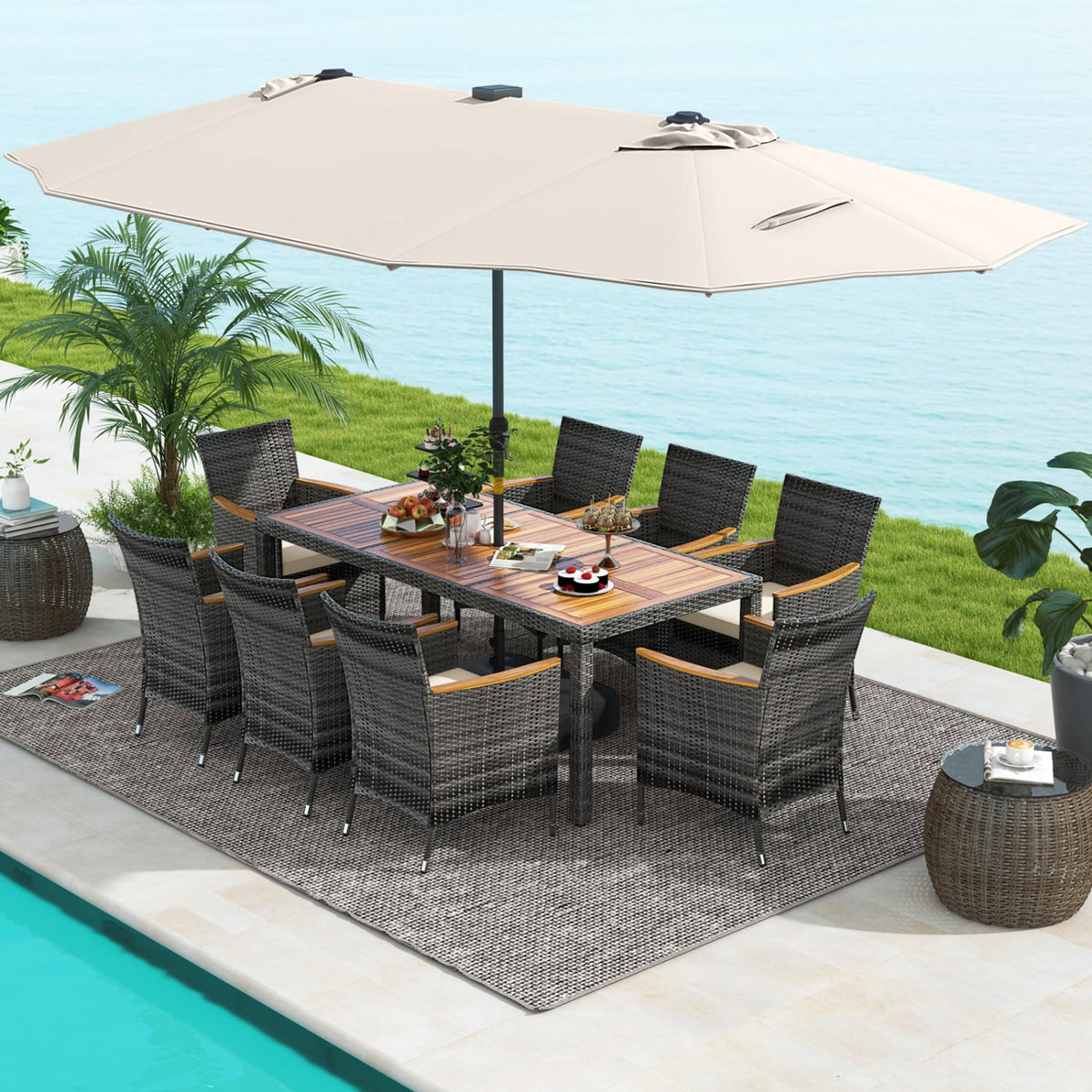 11 Pieces Patio Dining Set with 15 Feet Double-Sided Patio Umbrella Base Included-Beige-Patio Dining Sets-DECOROLALA