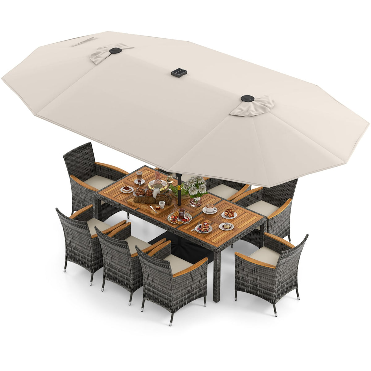 11 Pieces Patio Dining Set with 15 Feet Double-Sided Patio Umbrella Base Included-Beige-Patio Dining Sets-DECOROLALA