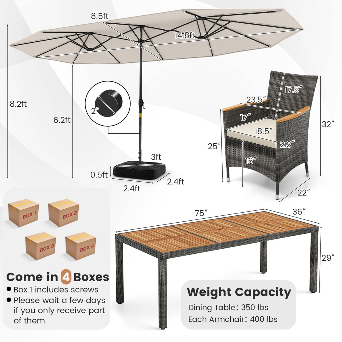 11 Pieces Patio Dining Set with 15 Feet Double-Sided Patio Umbrella Base Included-Beige-Patio Dining Sets-DECOROLALA
