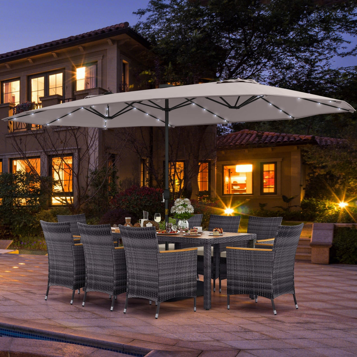 11 Pieces Patio Dining Set with 15 Feet Double-Sided Patio Umbrella Base Included-Beige-Patio Dining Sets-DECOROLALA