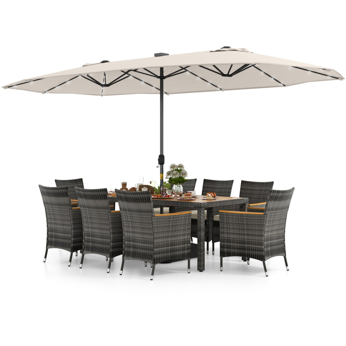 11 Pieces Patio Dining Set with 15 Feet Double-Sided Patio Umbrella Base Included-Beige-Patio Dining Sets-DECOROLALA