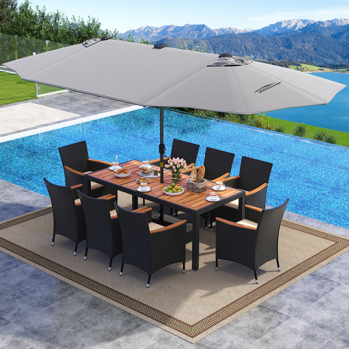 11 Pieces Patio Dining Set with LED Patio Umbrella with Base and Seat Cushions (Beige)-Gray-Patio Dining Sets-DECOROLALA