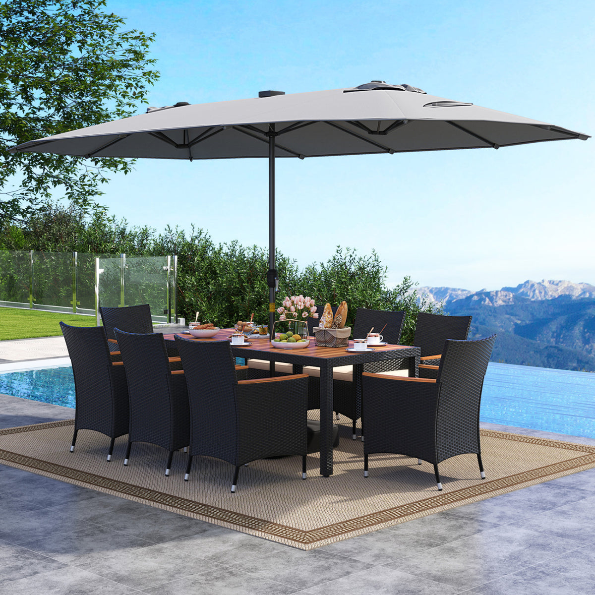 11 Pieces Patio Dining Set with LED Patio Umbrella with Base and Seat Cushions (Beige)-Gray-Patio Dining Sets-DECOROLALA