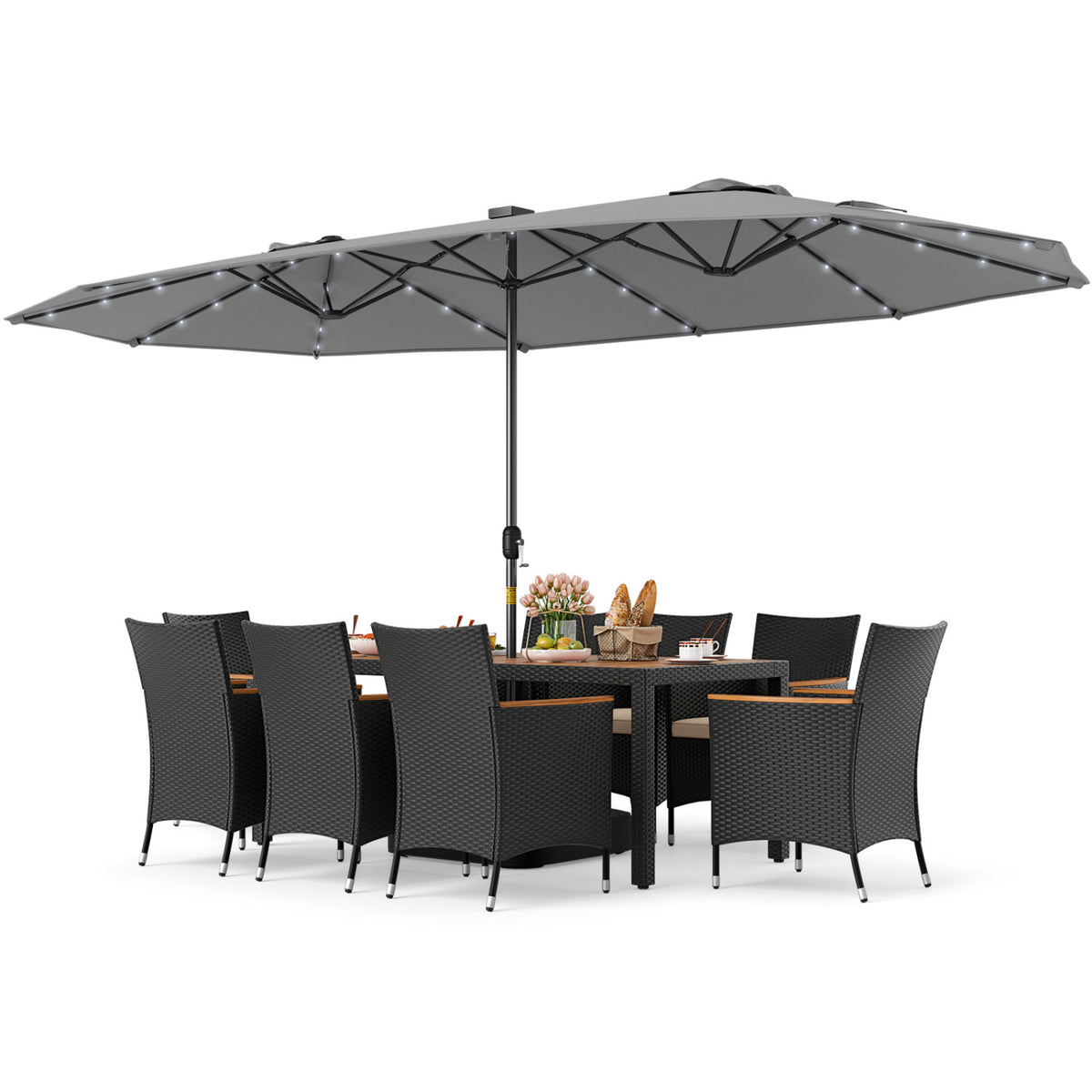 11 Pieces Patio Dining Set with LED Patio Umbrella with Base and Seat Cushions (Beige)-Gray-Patio Dining Sets-DECOROLALA