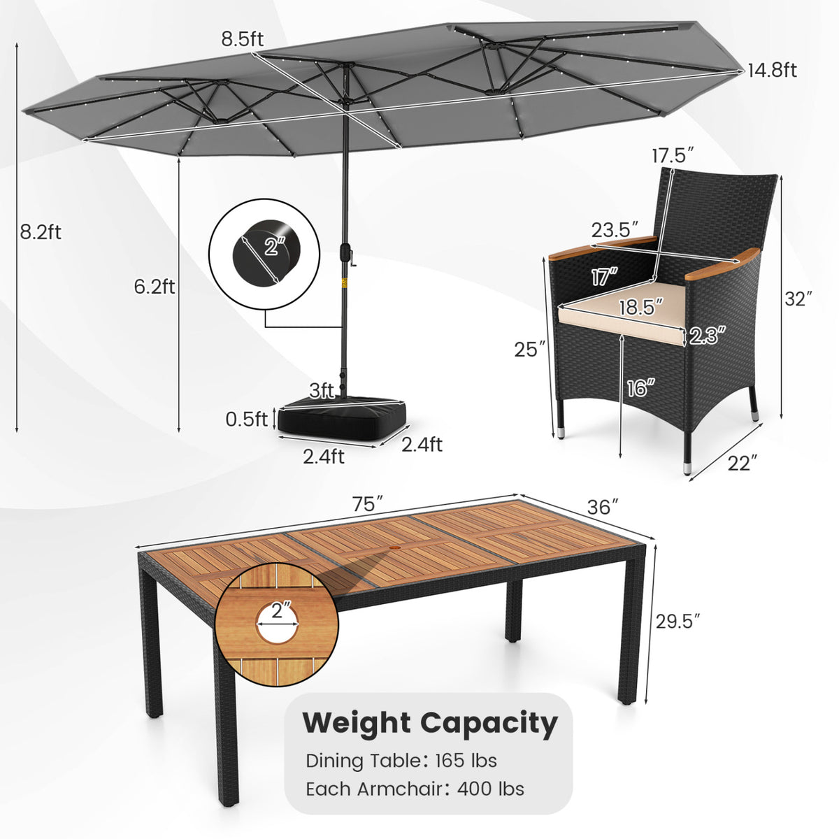 11 Pieces Patio Dining Set with LED Patio Umbrella with Base and Seat Cushions (Beige)-Gray-Patio Dining Sets-DECOROLALA