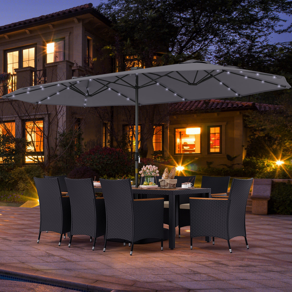 11 Pieces Patio Dining Set with LED Patio Umbrella with Base and Seat Cushions (Beige)-Gray-Patio Dining Sets-DECOROLALA