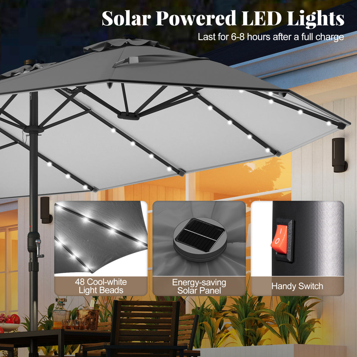 11 Pieces Patio Dining Set with LED Patio Umbrella with Base and Seat Cushions (Beige)-Gray-Patio Dining Sets-DECOROLALA
