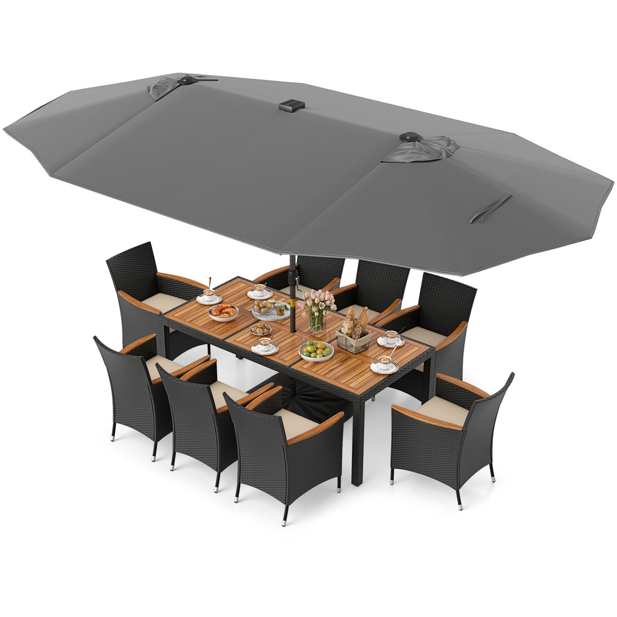 11 Pieces Patio Dining Set with LED Patio Umbrella with Base and Seat Cushions (Beige)-Gray-Patio Dining Sets-DECOROLALA