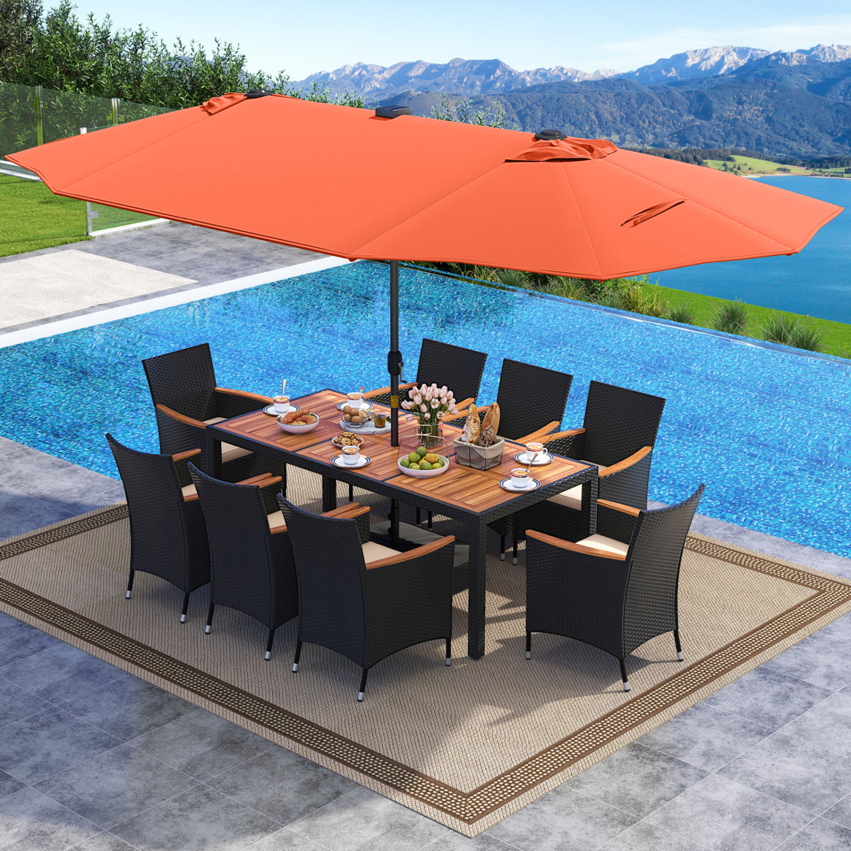 11 Pieces Patio Dining Set with LED Patio Umbrella with Base and Seat Cushions (Beige)-Orange-Patio Dining Sets-DECOROLALA
