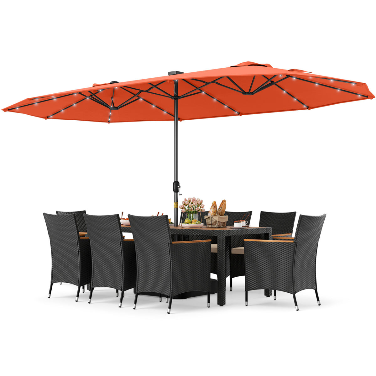 11 Pieces Patio Dining Set with LED Patio Umbrella with Base and Seat Cushions (Beige)-Orange-Patio Dining Sets-DECOROLALA