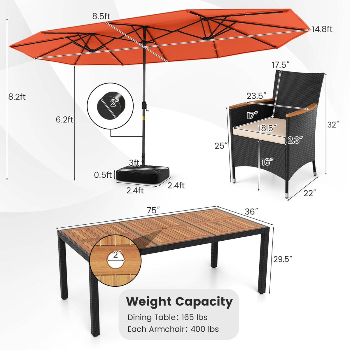 11 Pieces Patio Dining Set with LED Patio Umbrella with Base and Seat Cushions (Beige)-Orange-Patio Dining Sets-DECOROLALA